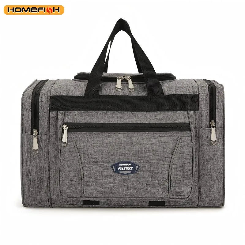 Black waterproof Oxford travel duffle bag by FanzyMarket, large capacity for weekend, business, or gym carry-on use.