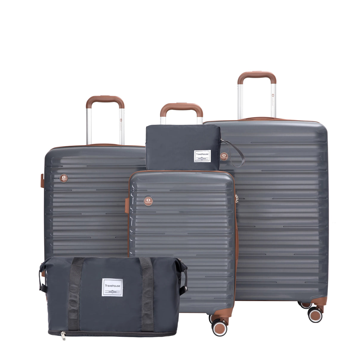 FanzyMarket 5-piece travel luggage set with three hardshell suitcases, waterproof duffel, toiletry bag, spinner wheels, and TSA lock.