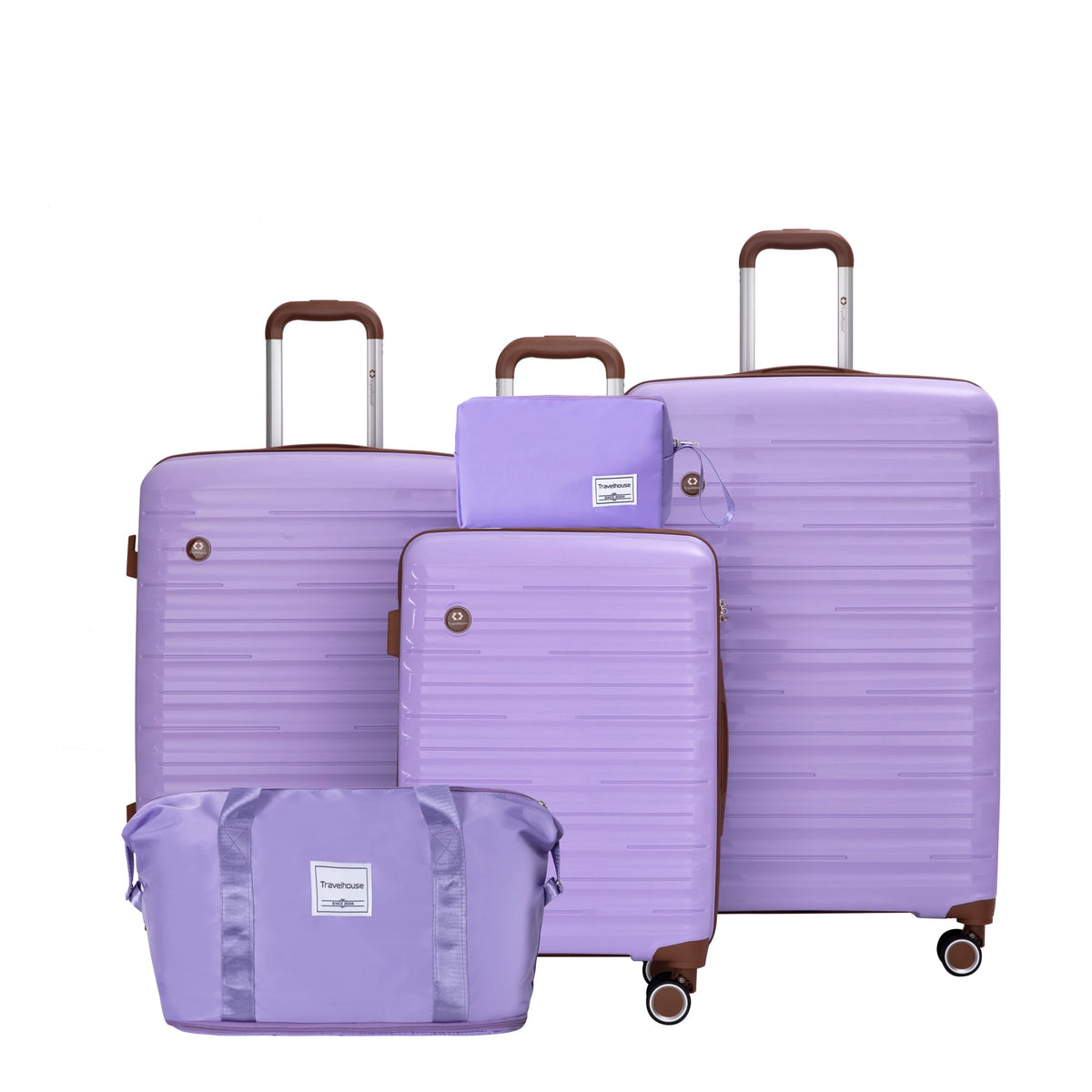 FanzyMarket 5-piece travel luggage set with three hardshell suitcases, waterproof duffel, toiletry bag, double spinner wheels, and TSA lock.