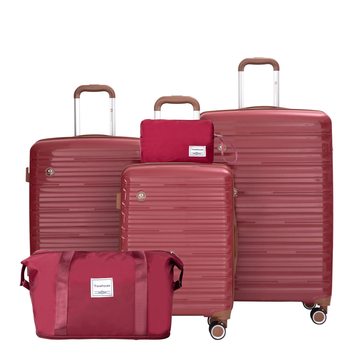 FanzyMarket 5-piece travel luggage set with 3 hardshell suitcases, waterproof duffel, toiletry bag, spinner wheels, and TSA lock.