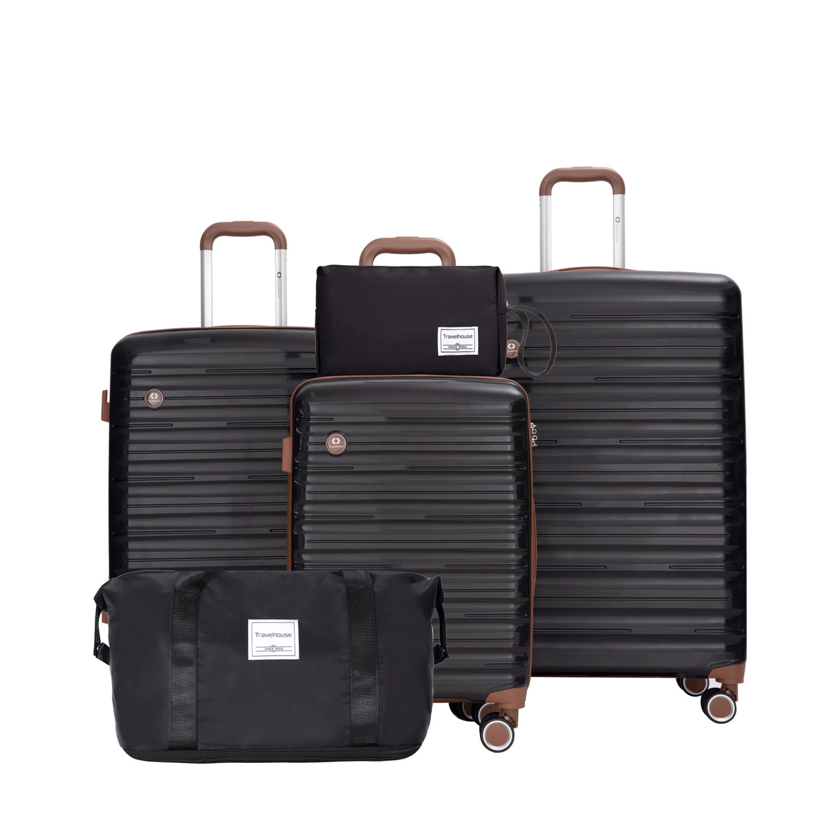 Gray 5-piece travel luggage set with 3 hardshell suitcases, double spinner wheels, TSA lock, waterproof duffel, and toiletry bag.