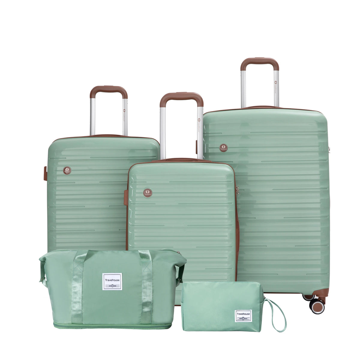 Gray 5-piece travel luggage set with 3 hardshell suitcases, spinner wheels, TSA lock, waterproof duffel, and toiletry bag by FanzyMarket.