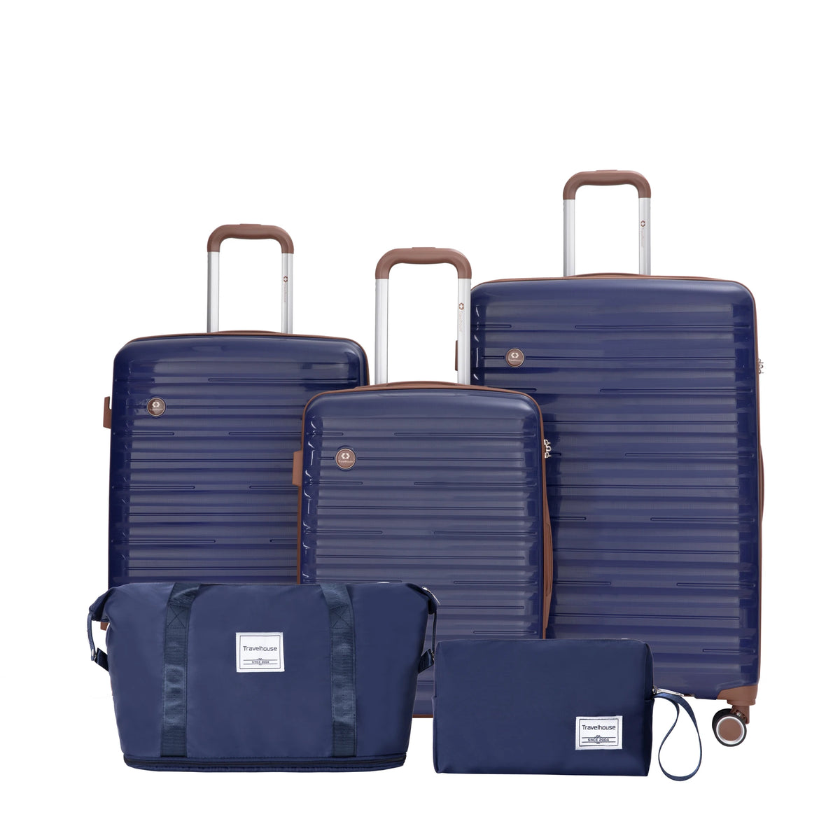 FanzyMarket 5-piece travel luggage set with three hardshell suitcases, waterproof duffel, toiletry bag, spinner wheels, and TSA lock.