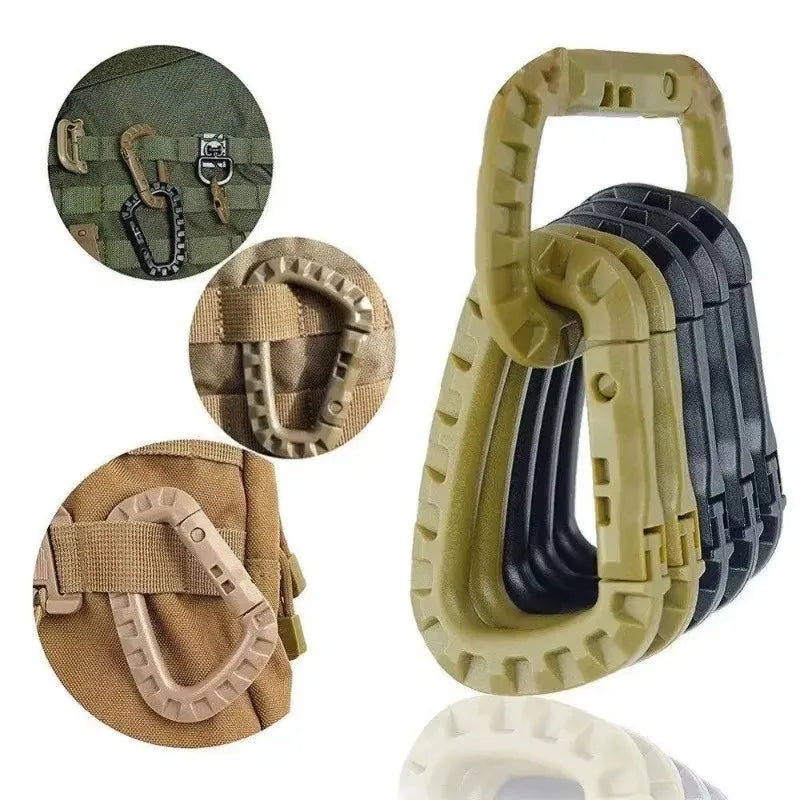 Green FanzyMarket tactical carabiner D-ring clip for backpacks and keychains, showing its sturdy metal construction and compact size.