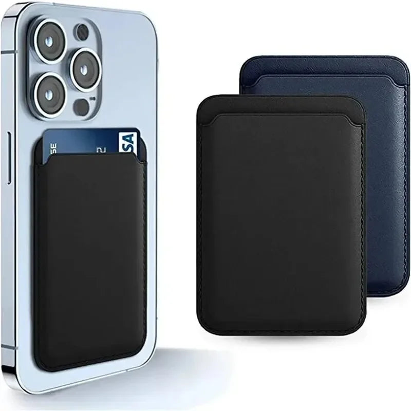 FanzyMarket MagSafe PU leather slim magnetic card wallet attached to a compatible smartphone, showcasing its compact design and green color.
