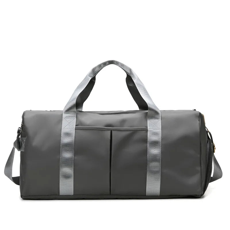 Sky blue waterproof gym and travel bag by FanzyMarket with dry-wet separation, large capacity yoga duffle for women and men.
