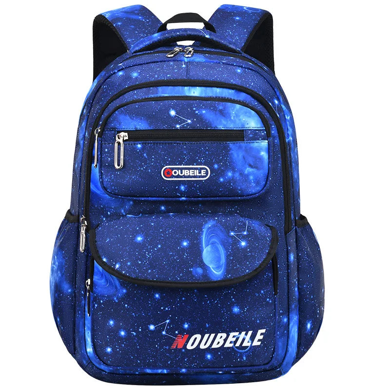 Starry Sky Kids Backpack by FanzyMarket, waterproof polyester school bag for boys and girls with a starry night design.