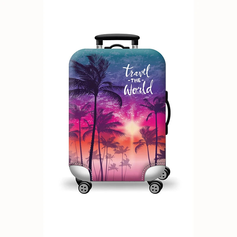 FanzyMarket elastic printed luggage cover with zipper and buckle, fitting 18-32 inch suitcases, protecting travel trolley.