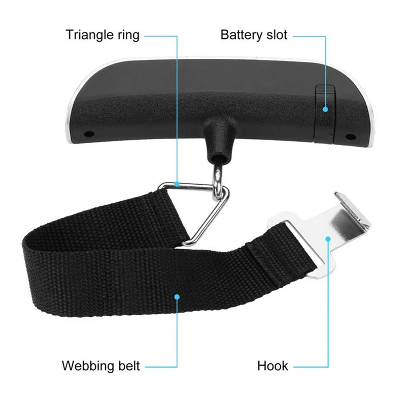 FanzyMarket portable luggage scale with digital LCD display, backlight, tare function, holds up to 50kg, perfect for travel accessories.