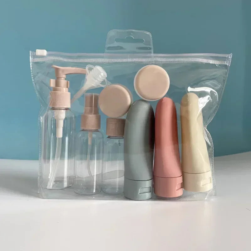 FanzyMarket 11-pack refillable travel bottles with spray, squeeze, and tube options for perfume, lotion, and shampoo.