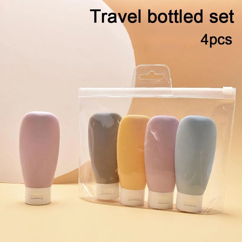 FanzyMarket refillable travel bottles set with four 60ml leakproof containers for shampoo, lotion, and cosmetics.