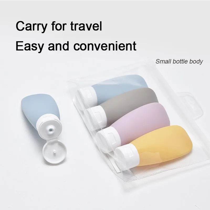 FanzyMarket refillable travel bottles set with four 60ml leakproof containers for shampoo, lotion, and cosmetics.