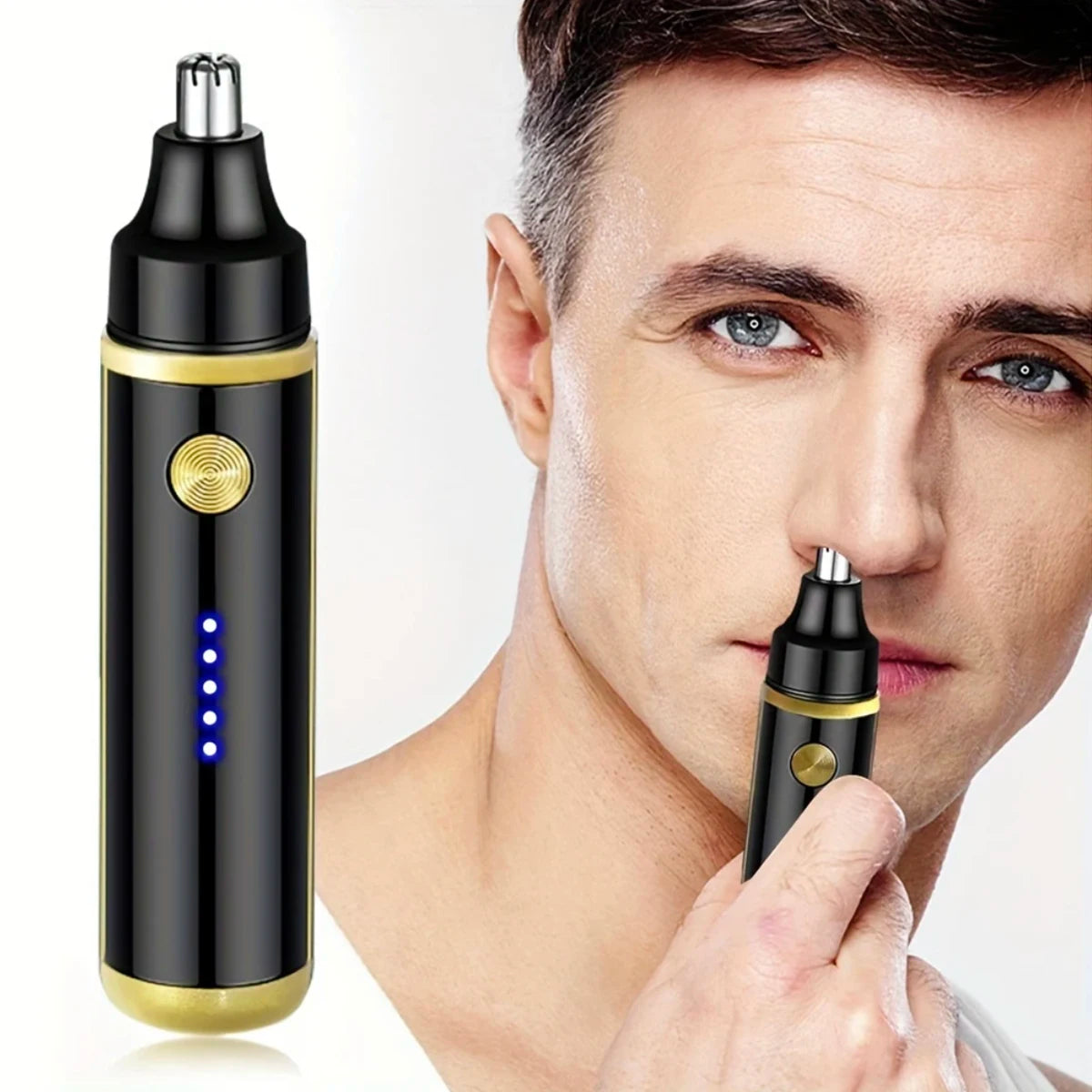 FanzyMarket rechargeable electric nose hair trimmer in gold and black, washable, automatic, and painless for unisex grooming.