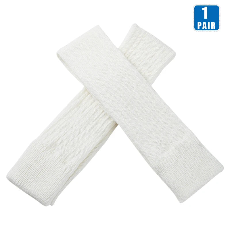 Pair of black women's over-the-knee knit leg warmers with open heel design, thigh-high winter gaiters, 27 and 36 inches long.