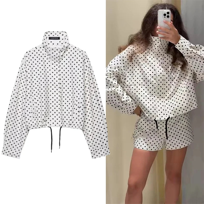 FanzyMarket polka dot short coat for women with long sleeves, casual office jacket, stylish high street outerwear.