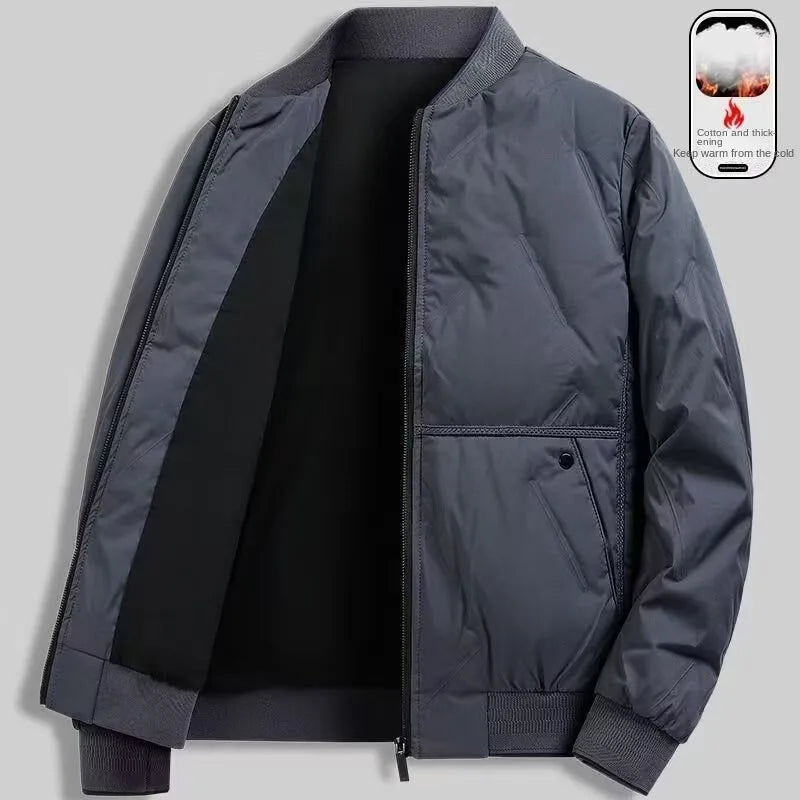 Men's autumn winter baseball collar bomber jacket by FanzyMarket, casual flight jacket with polyester lining, in a neutral color.