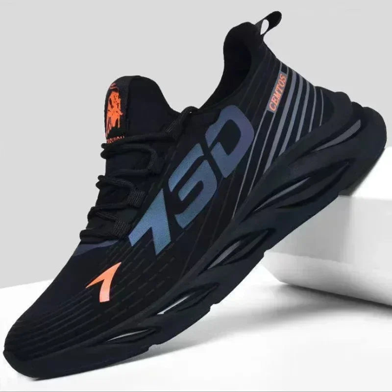 Black men's breathable mesh running shoes by FanzyMarket, lightweight casual sports sneakers with cushioned soles.