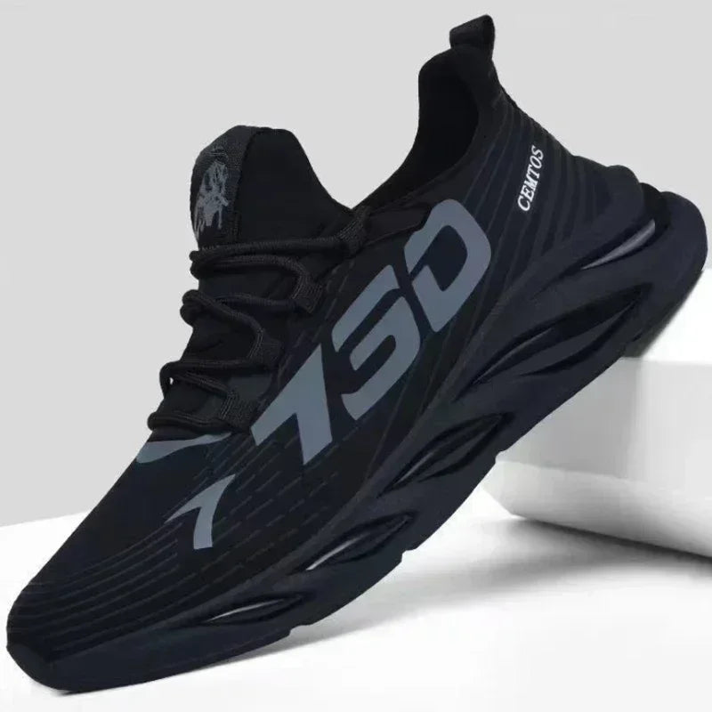 Black men's FanzyMarket breathable mesh running shoes with lightweight casual design and sporty style.
