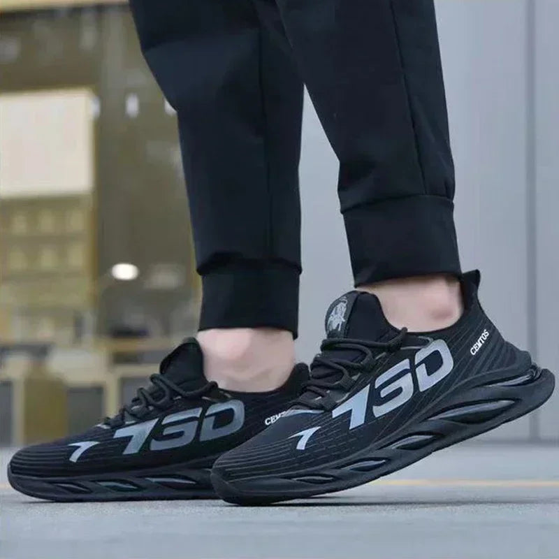 Black men's breathable mesh running shoes by FanzyMarket, lightweight casual sports sneakers with comfortable design.