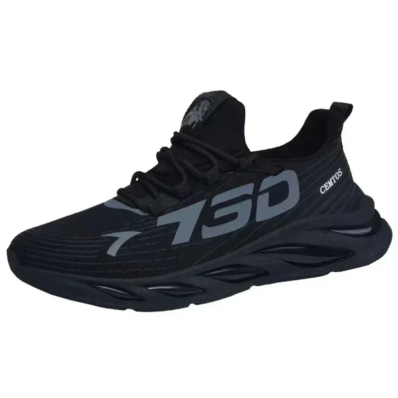 Black men's breathable mesh running shoes by FanzyMarket, lightweight casual sports sneakers with a sleek design.