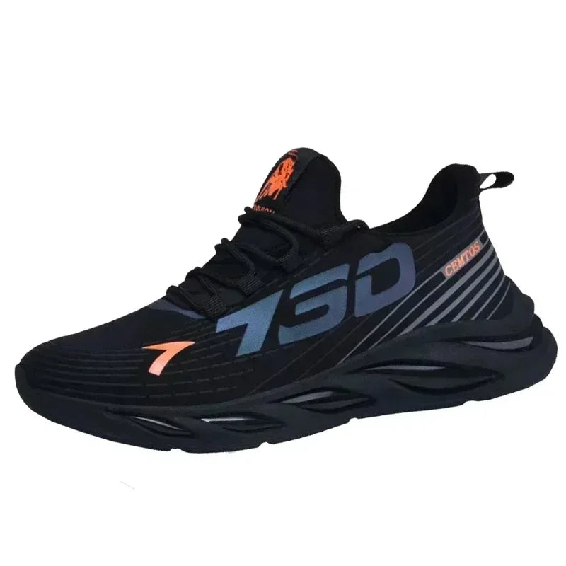 Black FanzyMarket men's breathable mesh running shoes with lightweight casual design and sporty style.