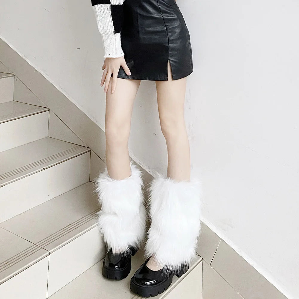 White faux fur leg warmers by FanzyMarket, knee-high Y2K goth boot covers, soft and cozy accessory for stylish footwear.