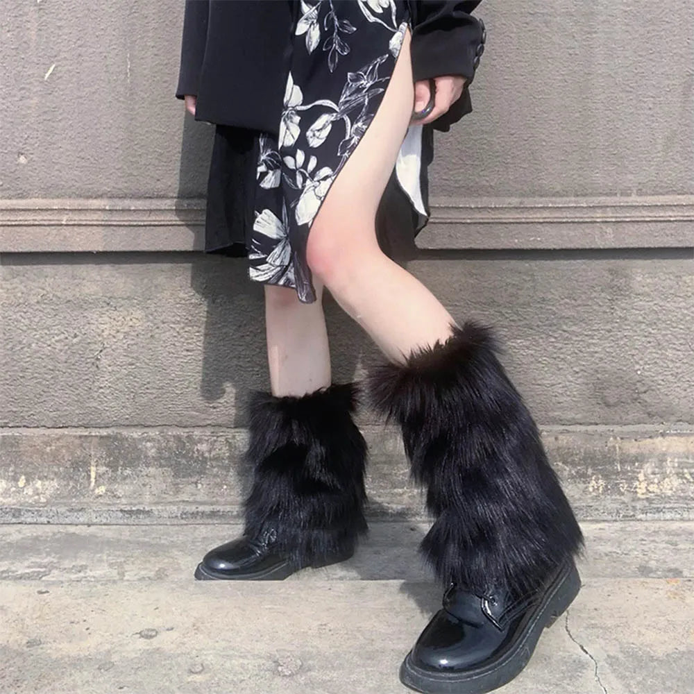 White faux fur leg warmers from FanzyMarket, knee-high Y2K goth boot covers, soft warm accessory for stylish outfits