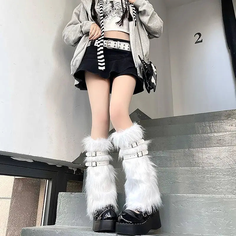 White faux fur leg warmers by FanzyMarket, knee-high boot covers with a Y2K goth style, perfect for trendy accessories.