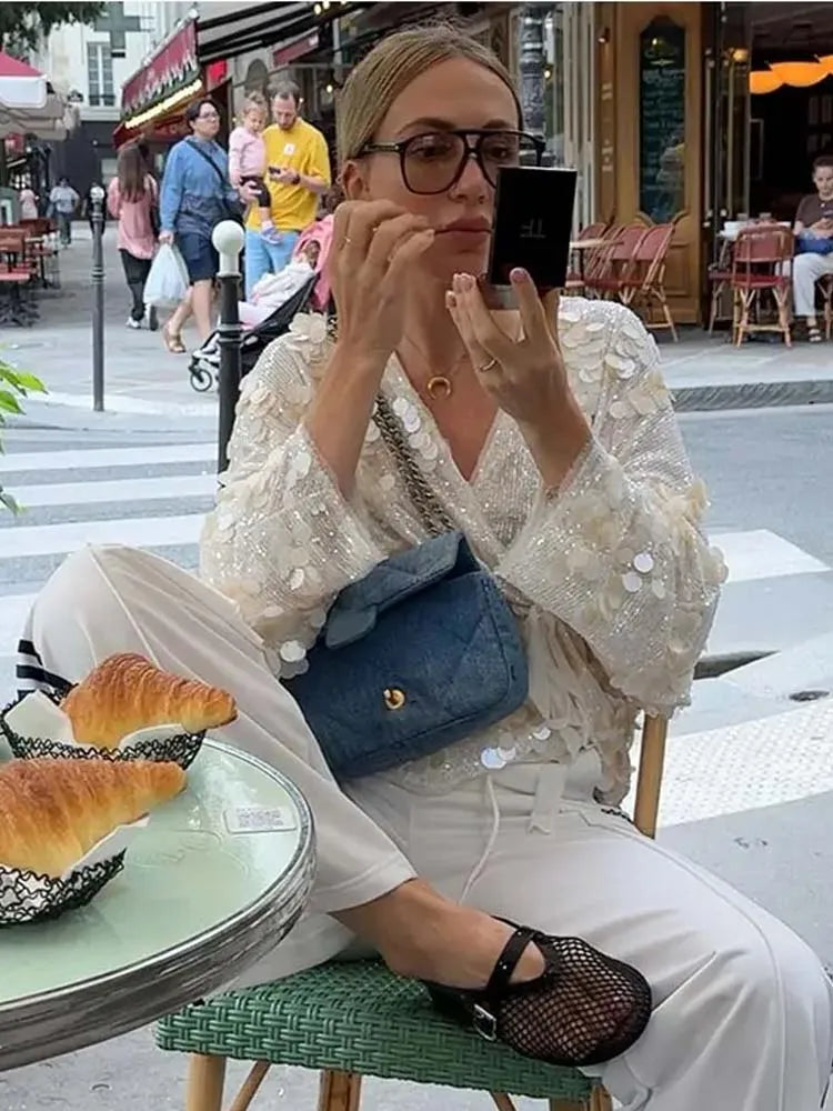 Women’s sequin kimono jacket with V-neck, long sleeves, patchwork design, and lace-up belt, stylish wrap coat by FanzyMarket.