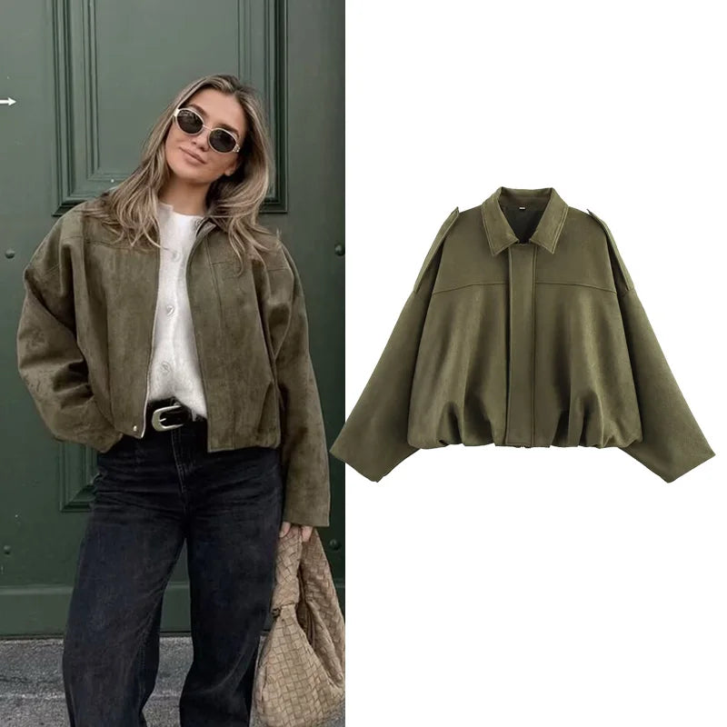 Women's vintage bomber jacket by FanzyMarket featuring turn-down collar, long sleeves, and a loose fit outerwear style.