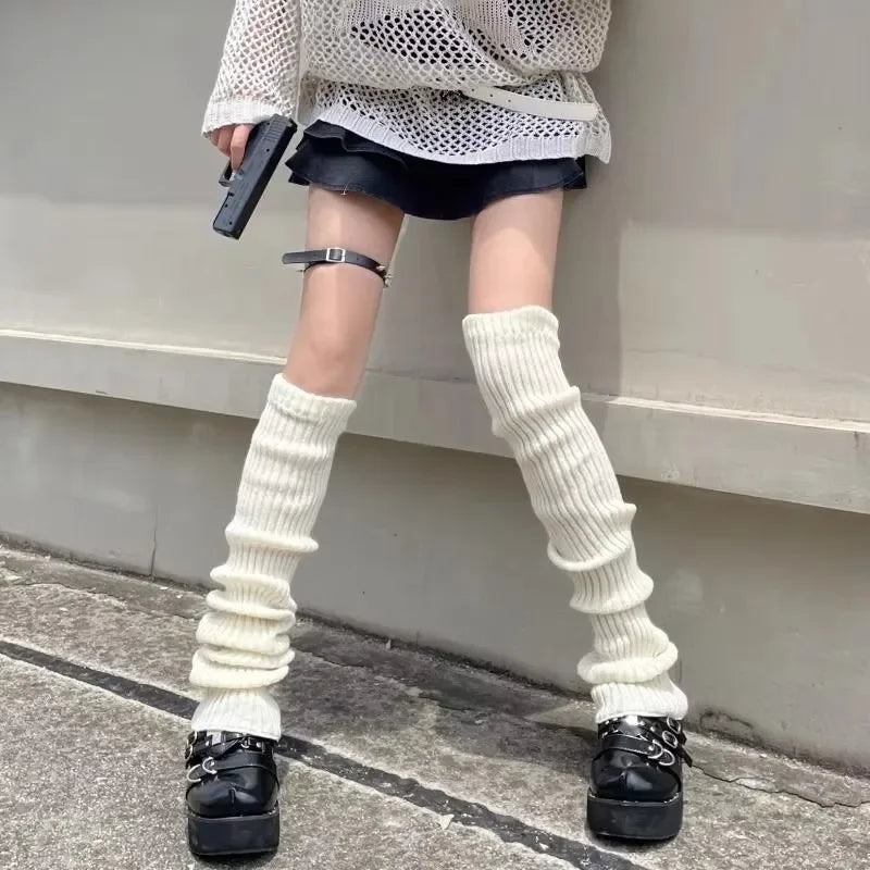 Black and white Y2K knit leg warmers with crochet boot cuffs, 50cm length, designed for women's fashion accessories.