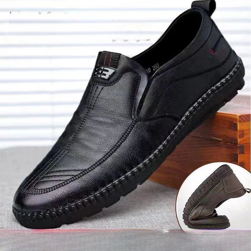 Brown men's PU leather loafers by FanzyMarket, breathable slip-on casual shoes for driving and office wear, with non-slip soles.