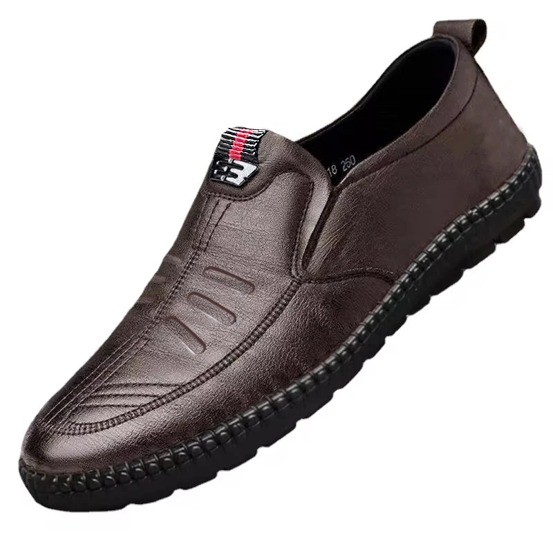 Men's brown PU leather loafers by FanzyMarket, slip-on casual shoes with breathable design and non-slip soles for driving and office.