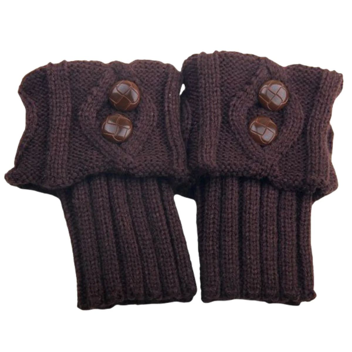 Women’s short knit diamond 2-button boot cuffs by FanzyMarket, cozy knit leg warmers and stylish boot covers in a coffee color.