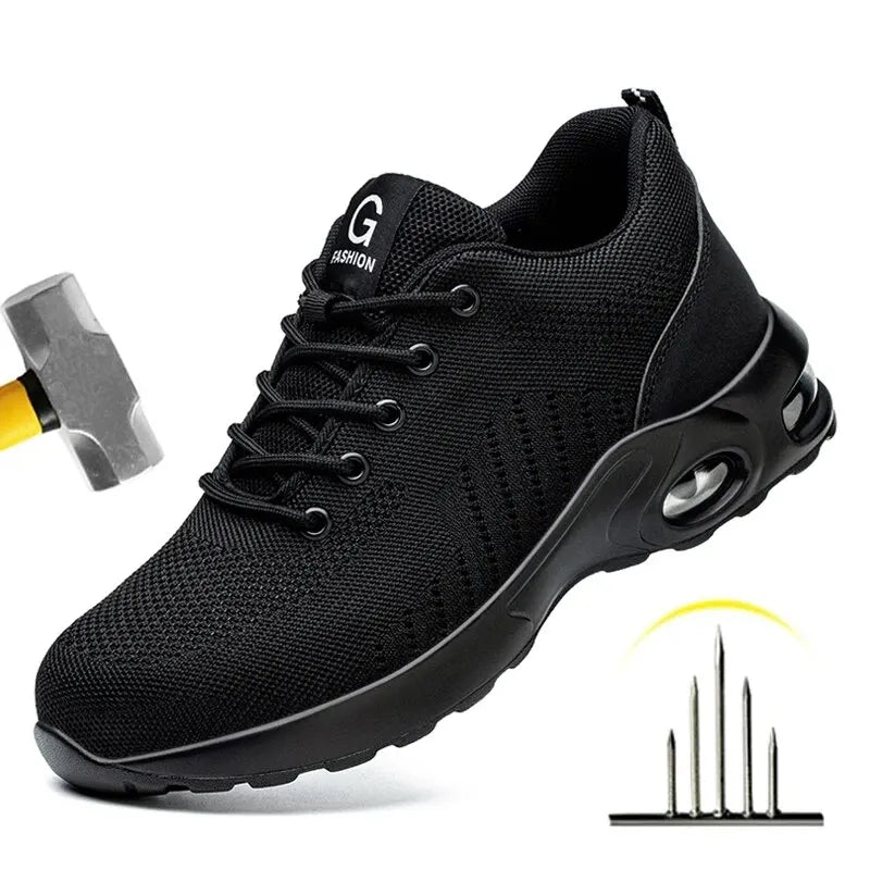 FanzyMarket unisex air cushion steel toe work shoes with breathable design and anti-puncture safety sneakers for durable protection.