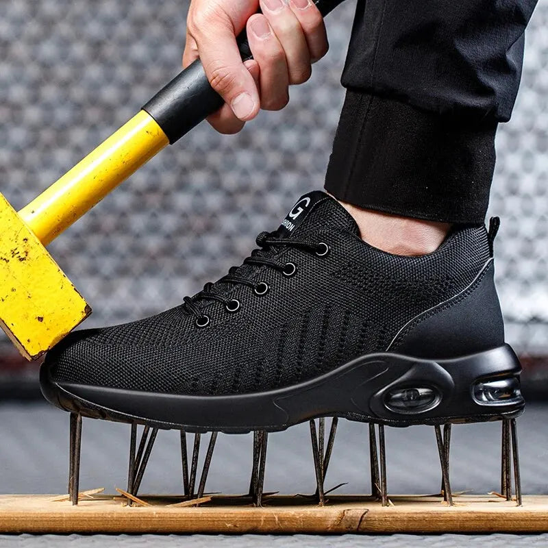 Unisex FanzyMarket air cushion steel toe work shoes with breathable fabric and anti-puncture safety features.