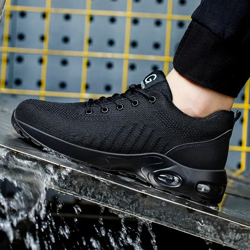 FanzyMarket unisex air cushion steel toe work shoes with breathable fabric and anti-puncture safety features.