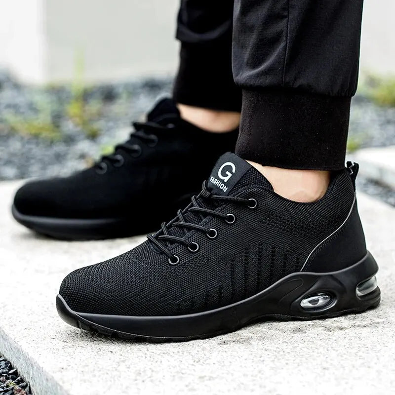 Unisex Air Cushion Steel Toe Work Shoes by FanzyMarket with breathable fabric and anti-puncture safety features.