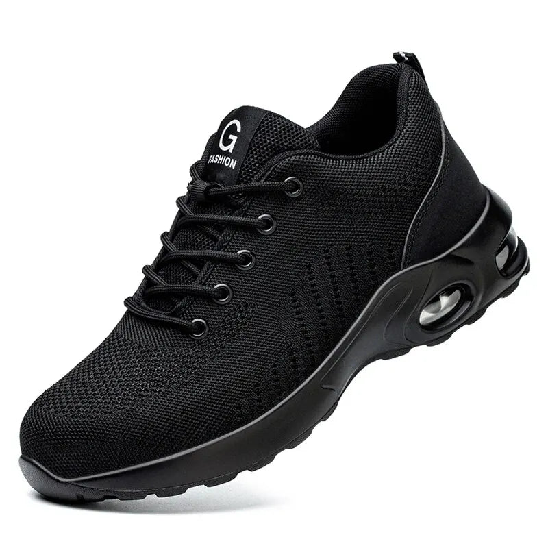 FanzyMarket unisex air cushion steel toe work shoes with breathable design and anti-puncture safety features.