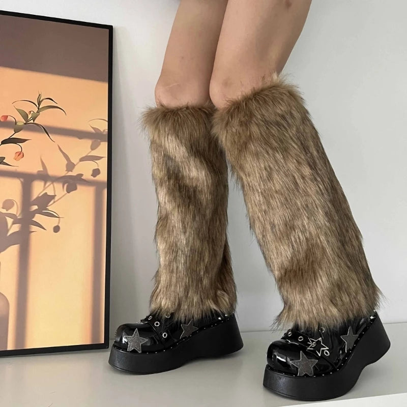 Faux fur knee-high leg warmers by FanzyMarket, plush Y2K goth punk style, perfect for knee-high boots and winter fashion.