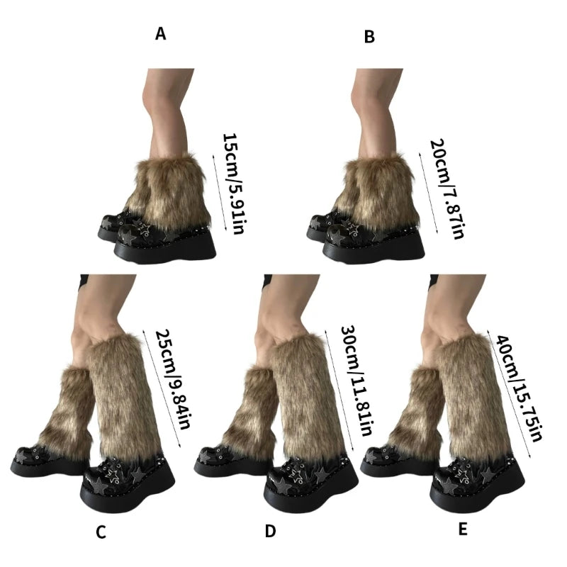 Faux fur knee-high boot covers by FanzyMarket, plush Y2K goth punk leg warmers, black and white furry accessory for footwear.
