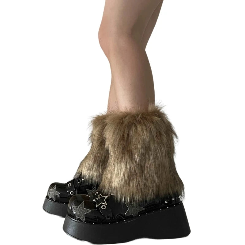 Faux fur knee-high leg warmers from FanzyMarket with plush texture, designed as goth punk-style boot covers for added warmth and style.
