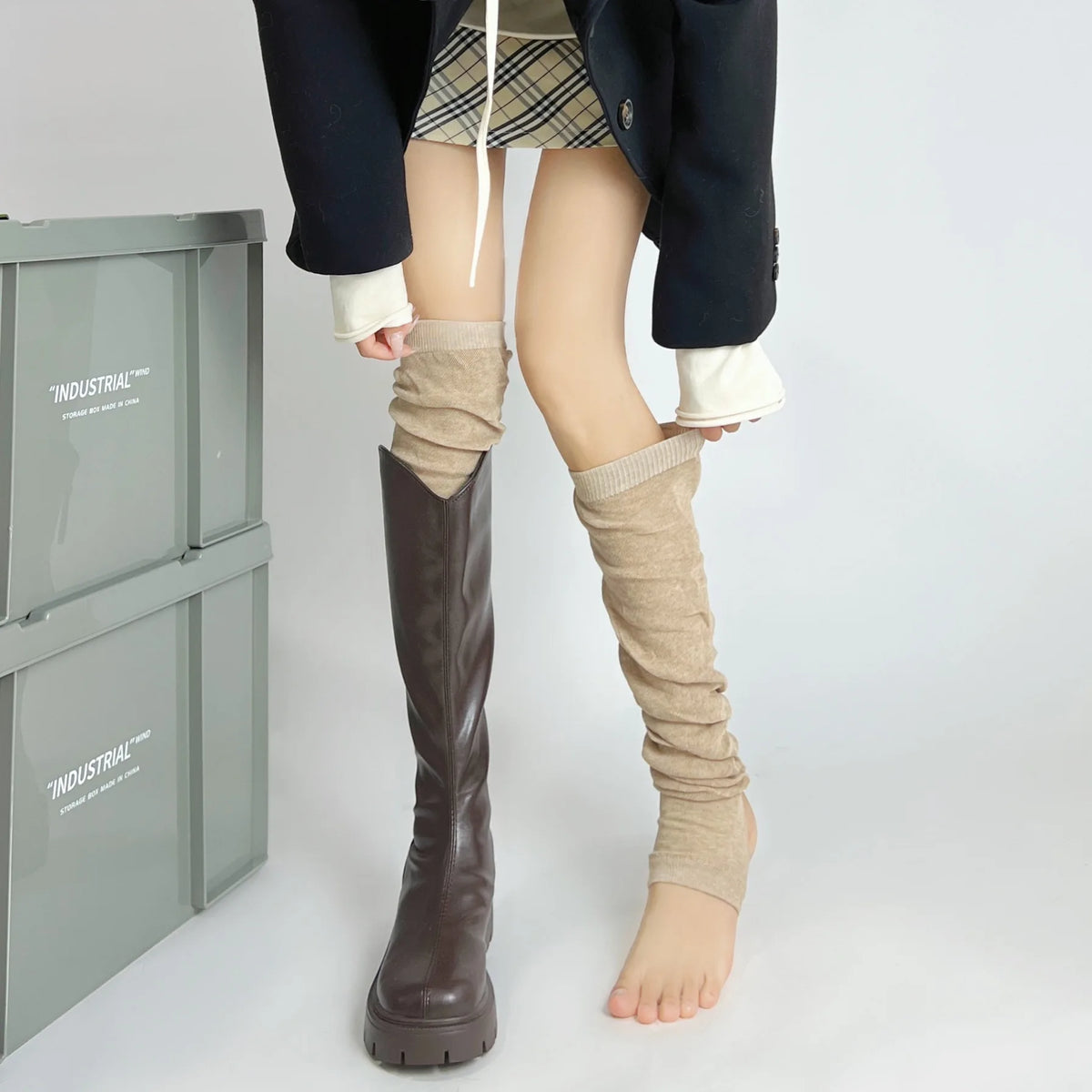 Women's gray knit calf leg warmers by FanzyMarket, cotton-blend ballet pile socks for autumn wear, soft and cozy accessories.
