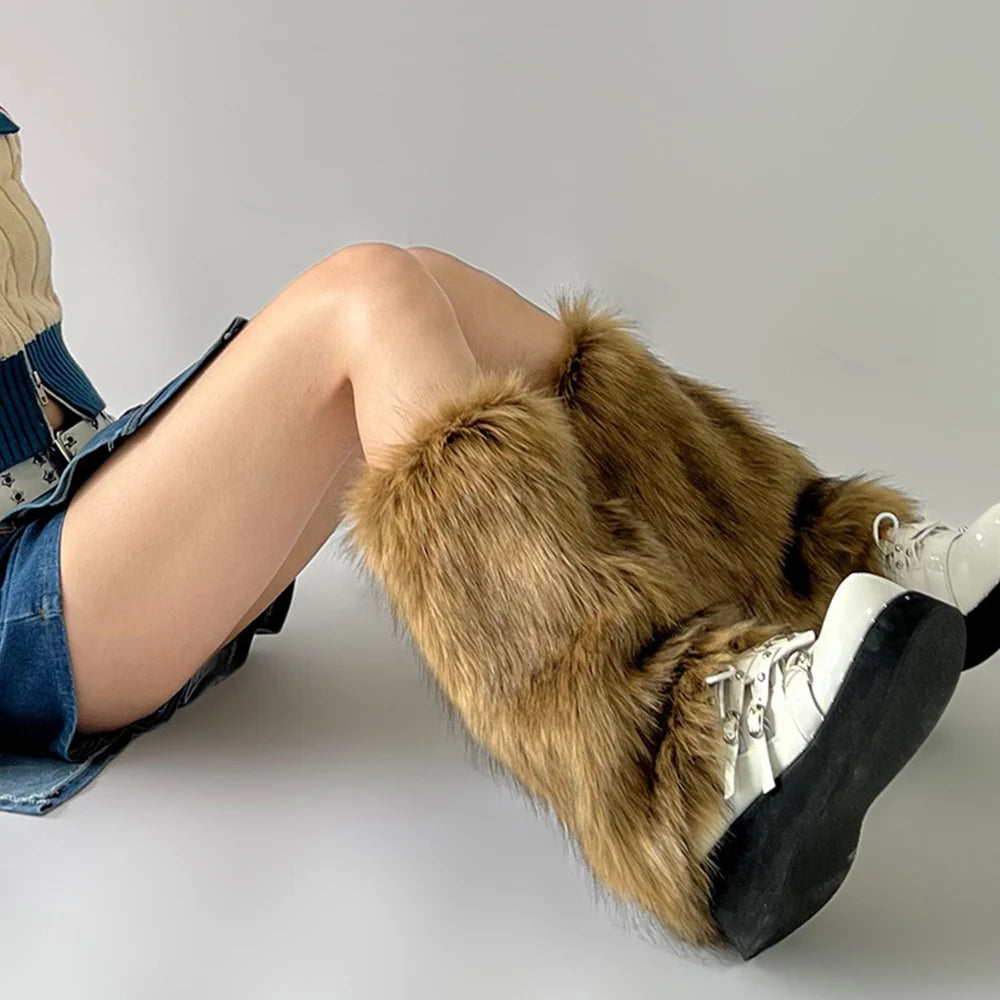 Gray and black faux fur leg warmers for women, furry boot cuffs for Harajuku JK Lolita cosplay, winter boot socks in various lengths