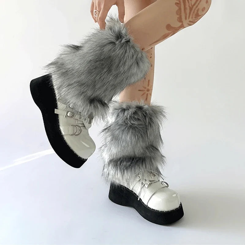 Gray and black faux fur leg warmers for women, furry boot cuffs for Harajuku, JK, Lolita cosplay, winter boot accessories.