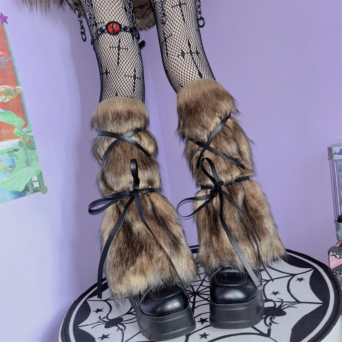 Gray and black faux fur leg warmers for women, furry boot cuffs for Harajuku, JK, Lolita, winter cosplay, available in 40cm length.