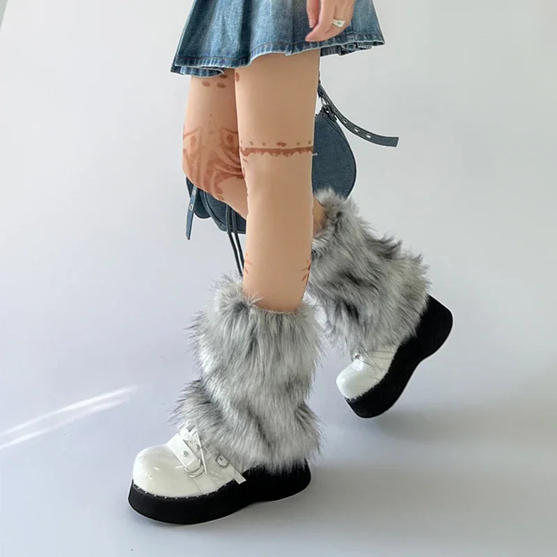Gray and black faux fur leg warmers for women, furry boot cuffs, Harajuku JK Lolita style, available in 40cm length.