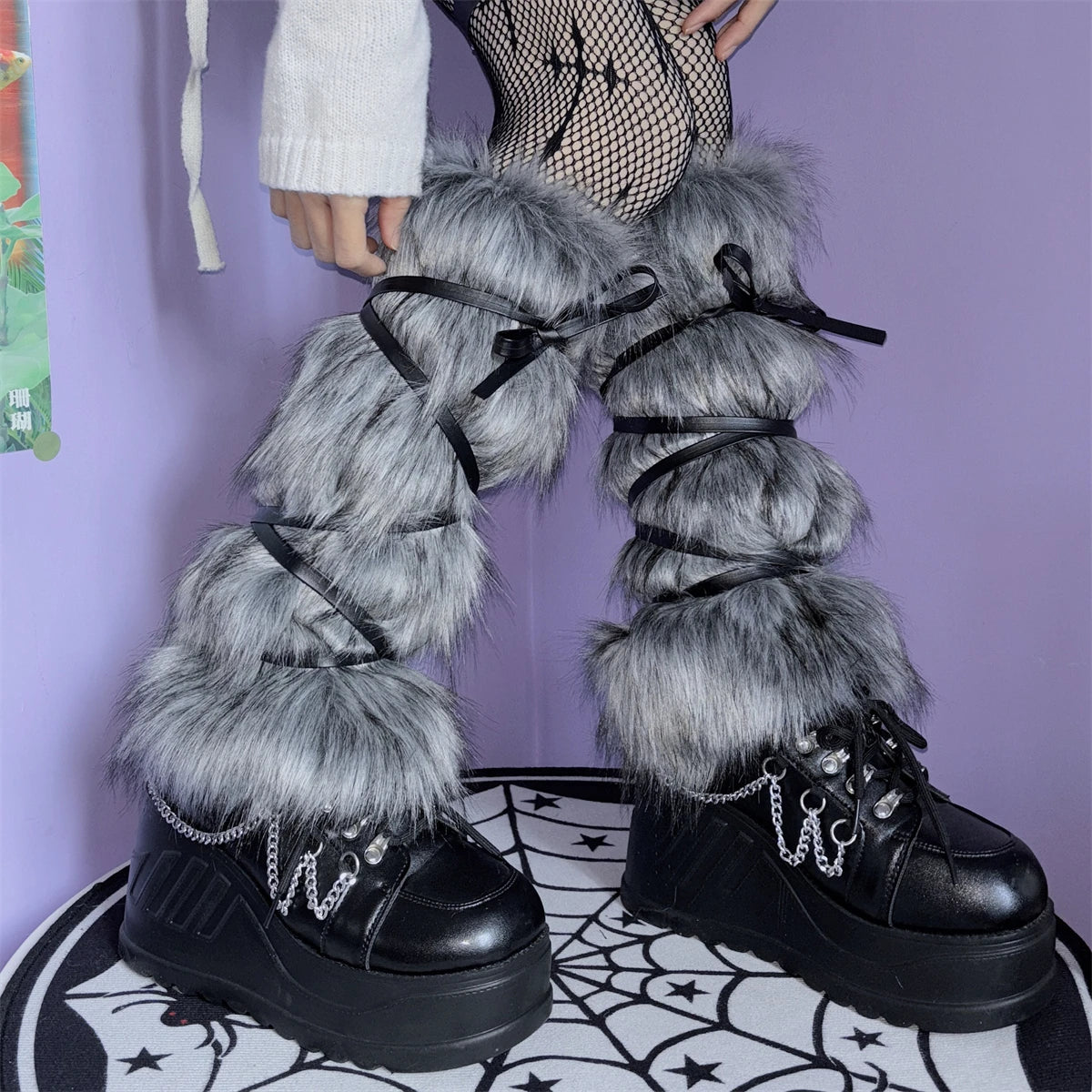 Gray and black faux fur leg warmers for women, furry boot cuffs for Harajuku JK Lolita cosplay, available in multiple lengths.