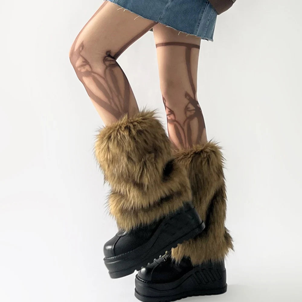 Gray and black faux fur leg warmers for women, furry boot cuffs for Harajuku, JK, Lolita cosplay, available in multiple lengths.