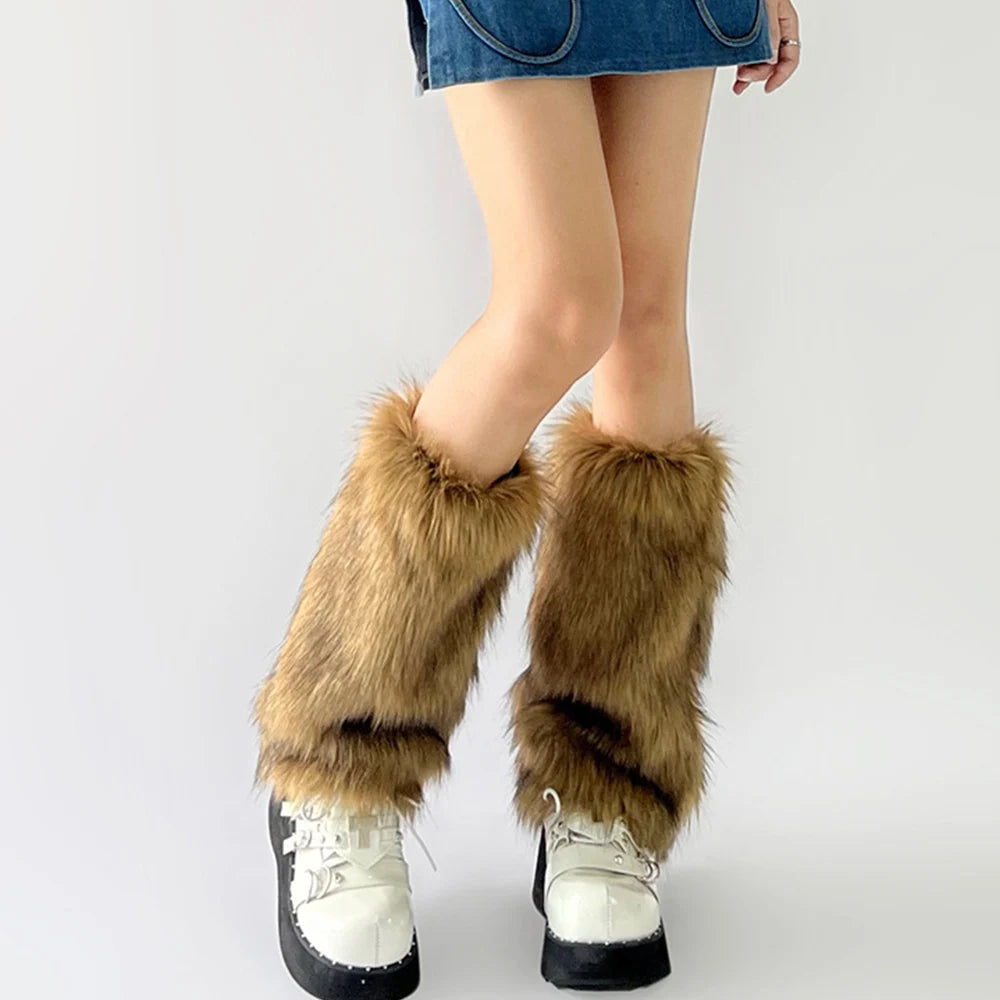 Gray and black faux fur leg warmers for women, furry boot cuffs for Harajuku, JK Lolita, cosplay, winter boot socks, 40cm length.